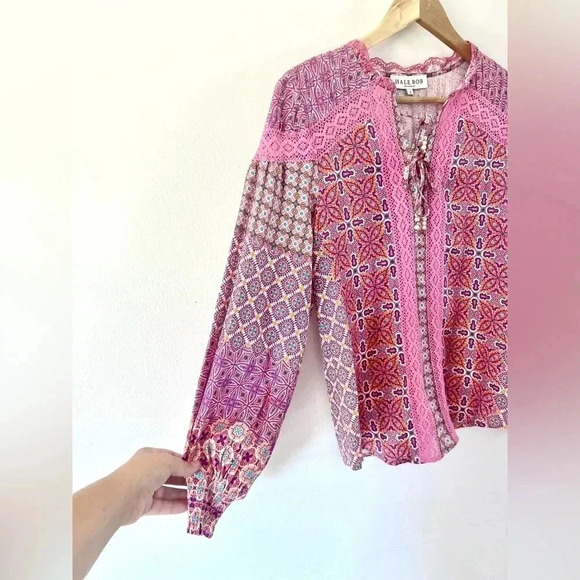 Hale Bob Los Angeles Adelaide Crochet Trim Pink Boho Pattern Blouse Size Small - Picture 4 of 15